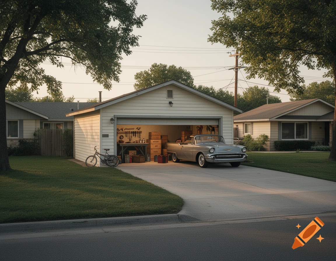 Photorealistic image of a 1960s suburban American home with an open garage and a classic car parked in the driveway during sunset.