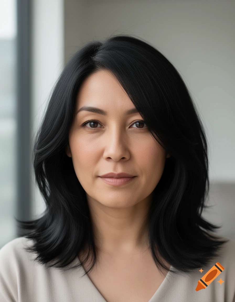 Photorealistic headshot portrait of a woman with medium-length black hair.