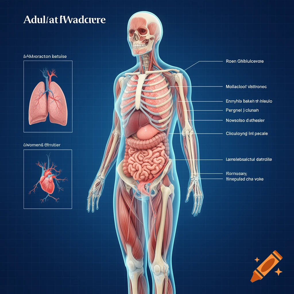 Medical diagram of a woman showing skeletal, muscular, and internal organ systems with anatomical labels, digital art style.