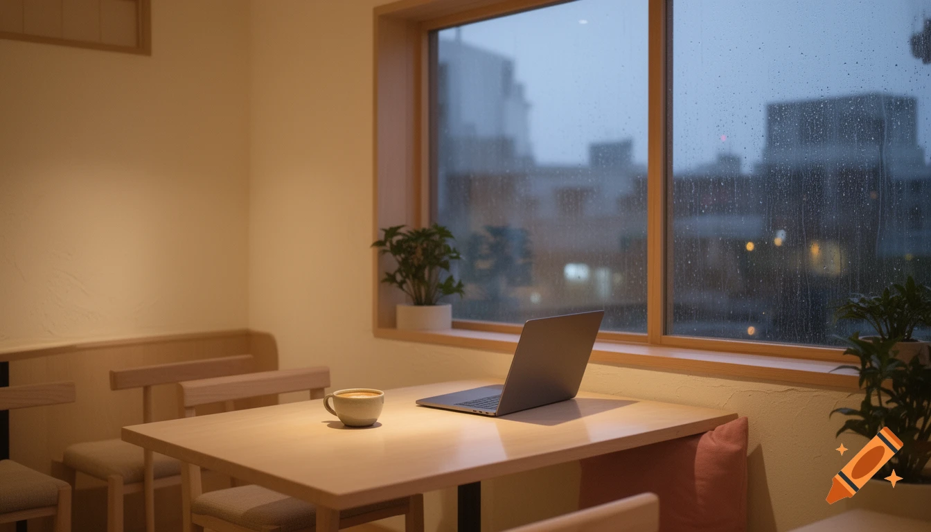 Minimalist Japanese café interior at dusk with a laptop and coffee cup on a wooden table, viewed through a rain-streaked window.