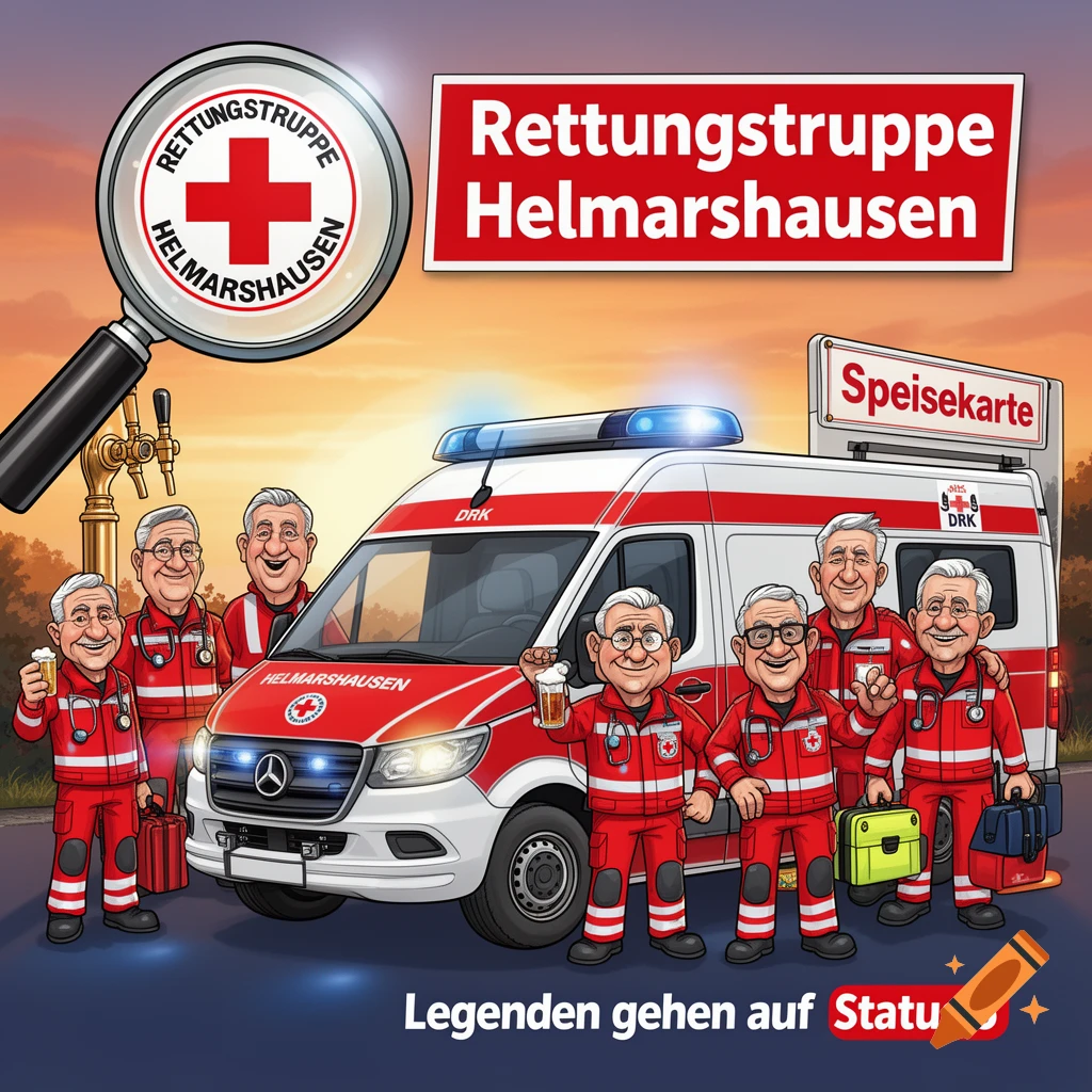 Cartoon illustration of smiling senior paramedics in red uniforms with an ambulance, beer, and magnifying glass.