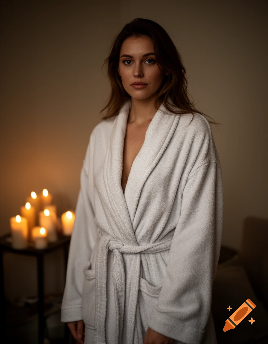 Photorealistic portrait of a woman in a white bathrobe standing in a dimly lit room with candles.