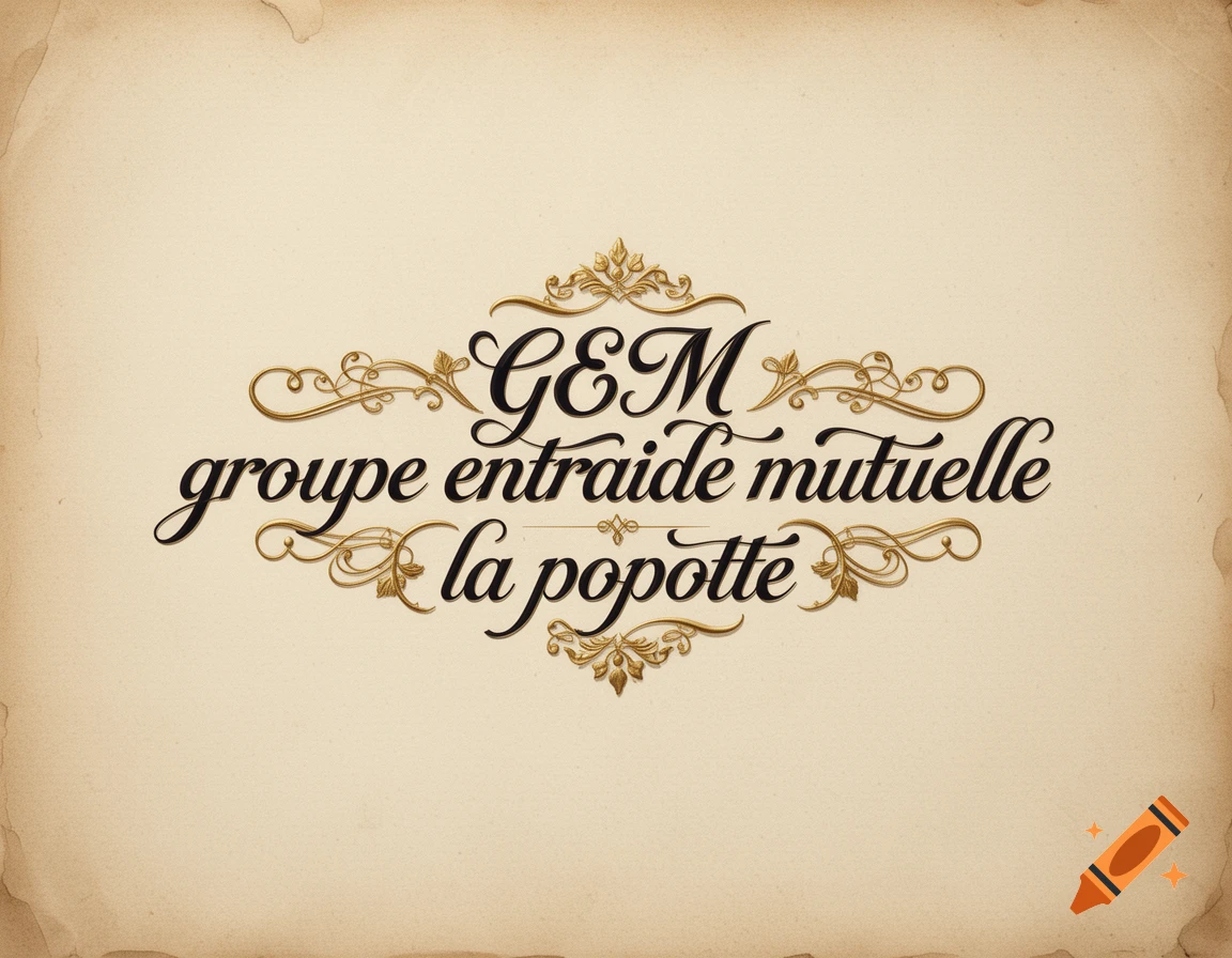 Decorative cursive typography reading GEM groupe entraide mutuelle la popotte with gold leaf accents on aged parchment.