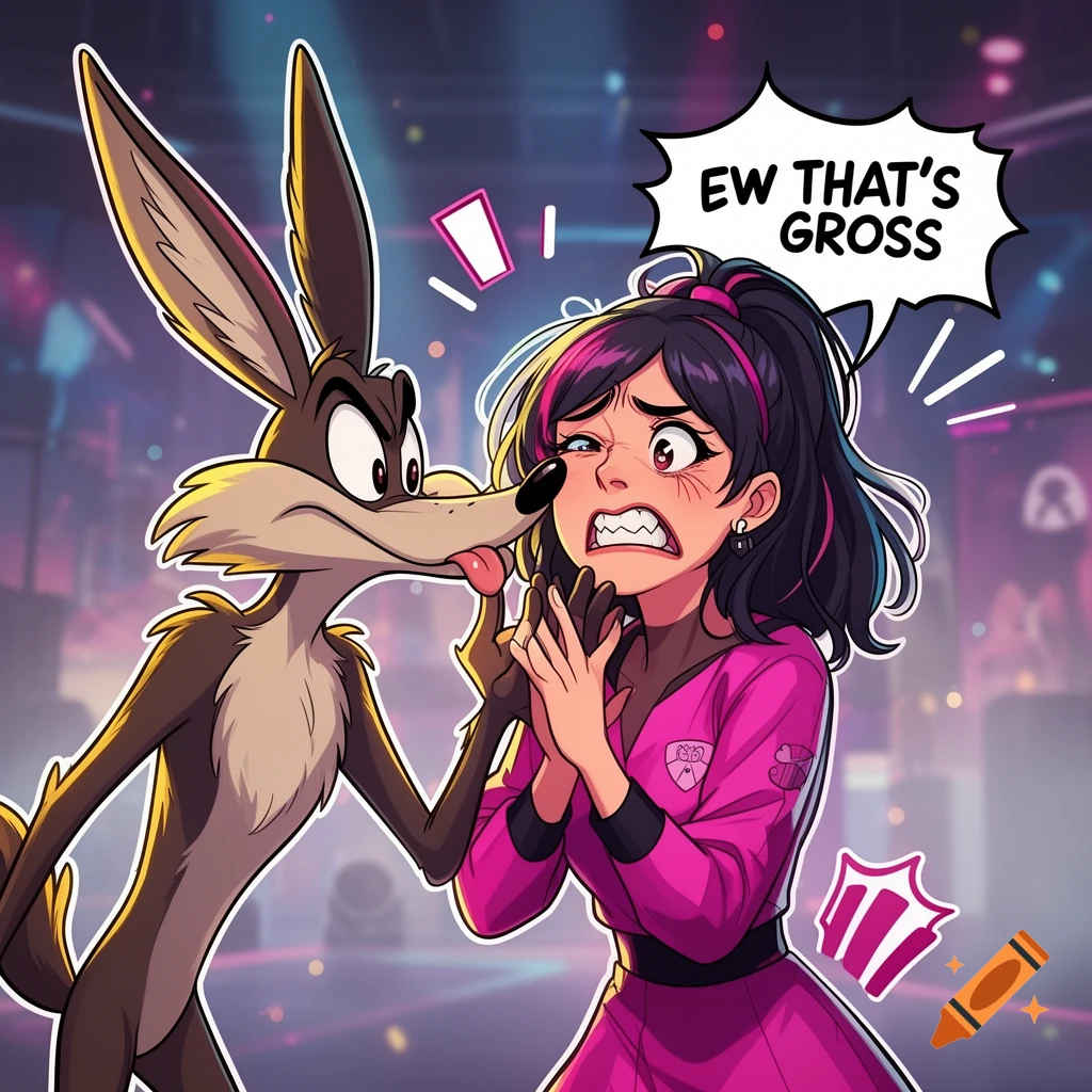 Wile E. Coyote licks the face of a disgusted woman with black hair who says ew thats gross in a speech bubble, cartoon style