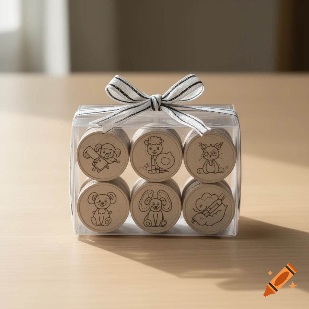 A clear plastic box tied with a black and white striped ribbon, containing six wooden stamps with cute cartoon animal designs.
