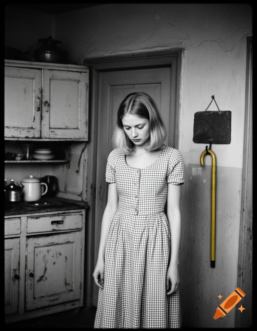 Black and white photograph of a young woman in a checkered dress standing in a rustic kitchen.