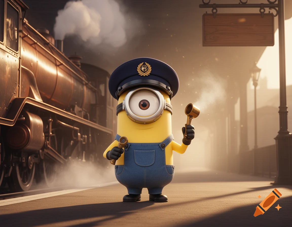 A Minion wearing a train conductor hat holding a whistle on a platform next to a steam train, cinematic style.