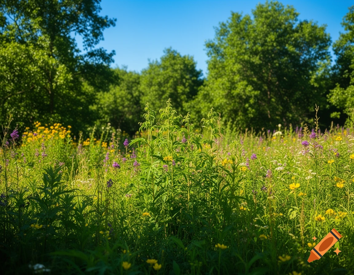 Lush green meadow filled with wildflowers under a clear blue sky, surrounded by trees.