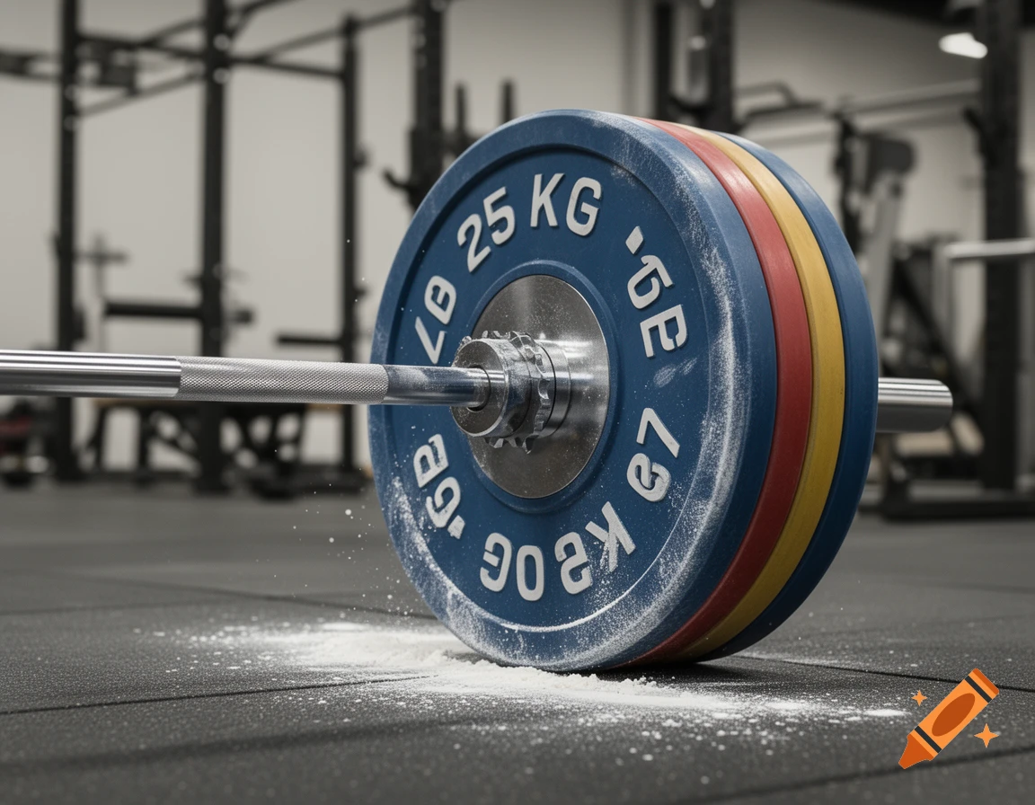 Photorealistic close-up of an Olympic barbell with blue, red, and yellow bumper plates coated in chalk, resting on a gym floor.