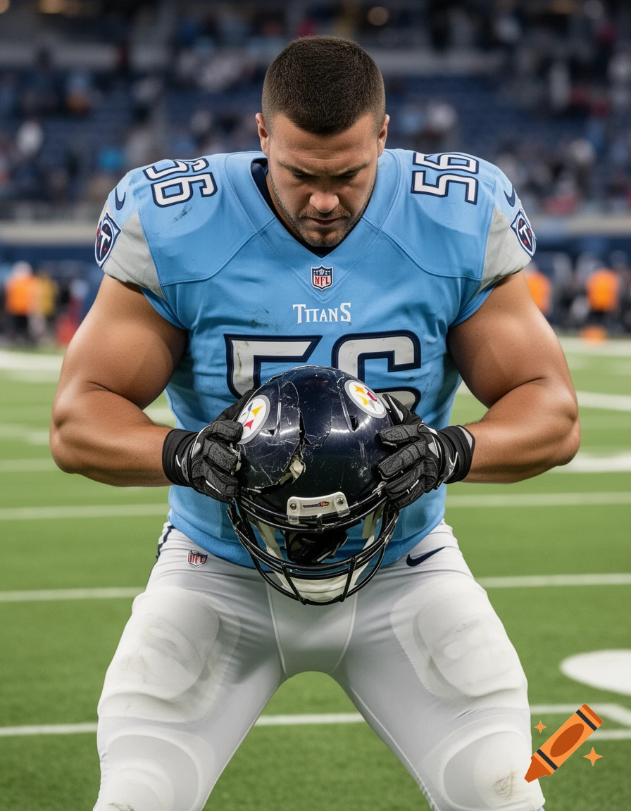 Photorealistic image of a football player in a light blue jersey holding a crushed helmet on a field.