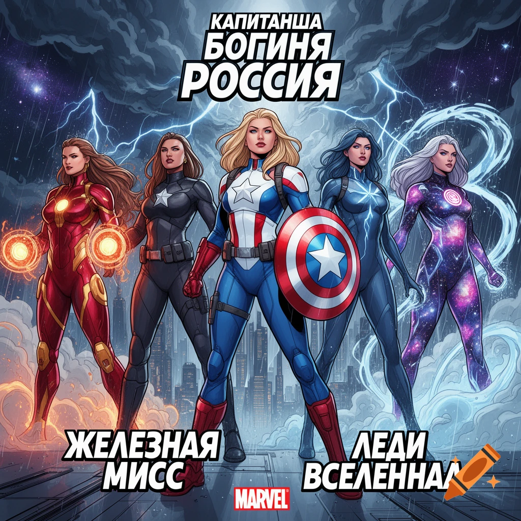 Comic book style illustration of a team of five female superheroes standing in front of a city skyline under a stormy sky with text in Russian.