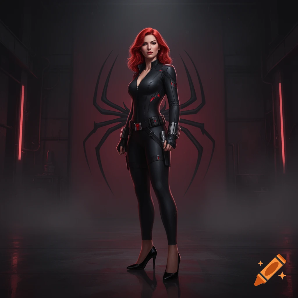 Black Widow standing in a dark industrial room with a large spider symbol on the wall behind her, photorealistic style