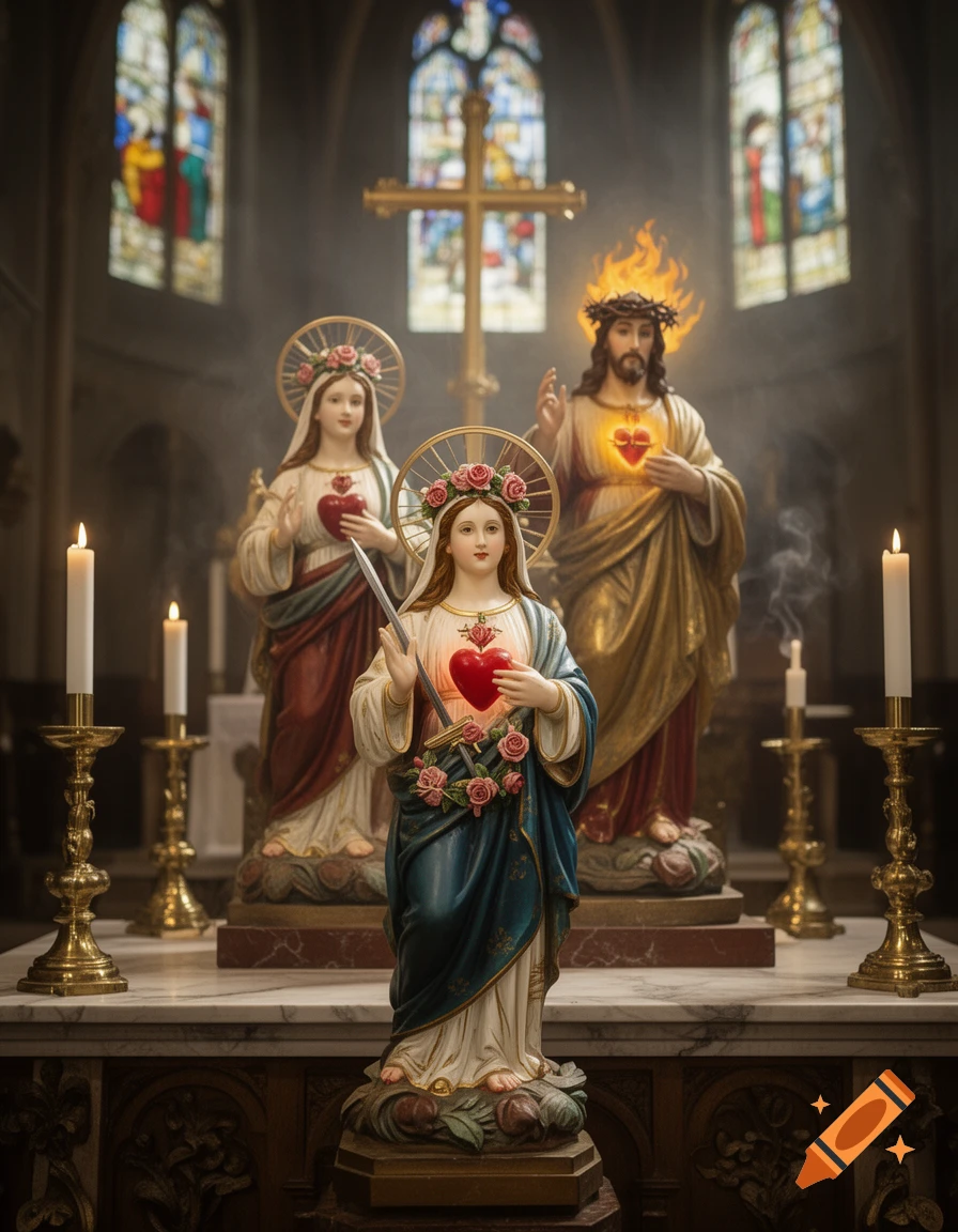 Statues of the Immaculate Heart of Mary and Sacred Heart of Jesus in a church setting with candles.