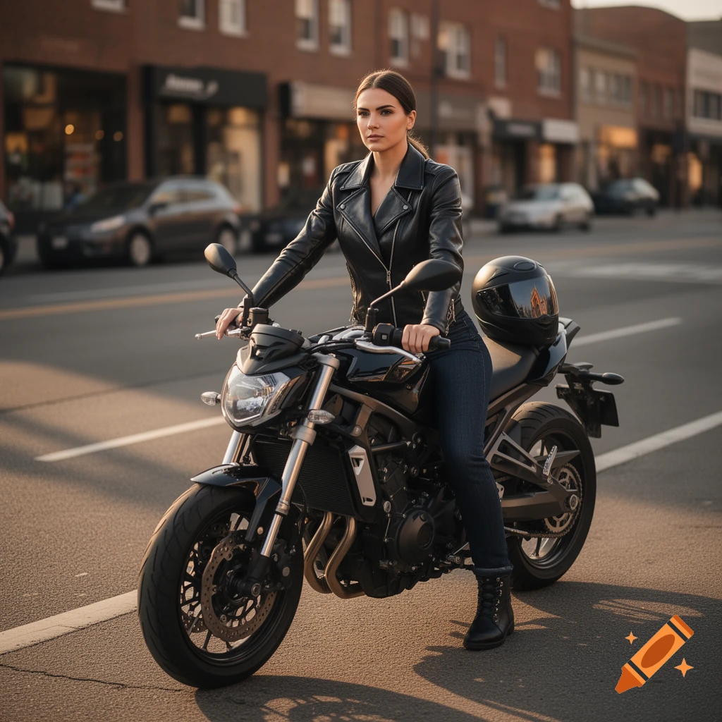 Photorealistic image of a woman in a black leather jacket and jeans sitting on a modern black motorcycle on a city street.