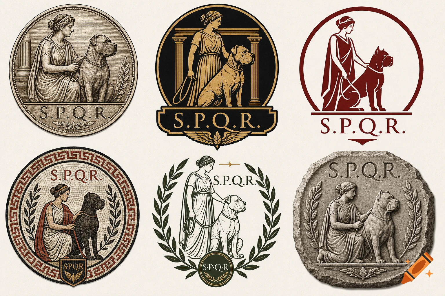 Six variations of ancient Roman themed logos featuring a woman and a Molossian hound with S.P.Q.R. text in different styles.