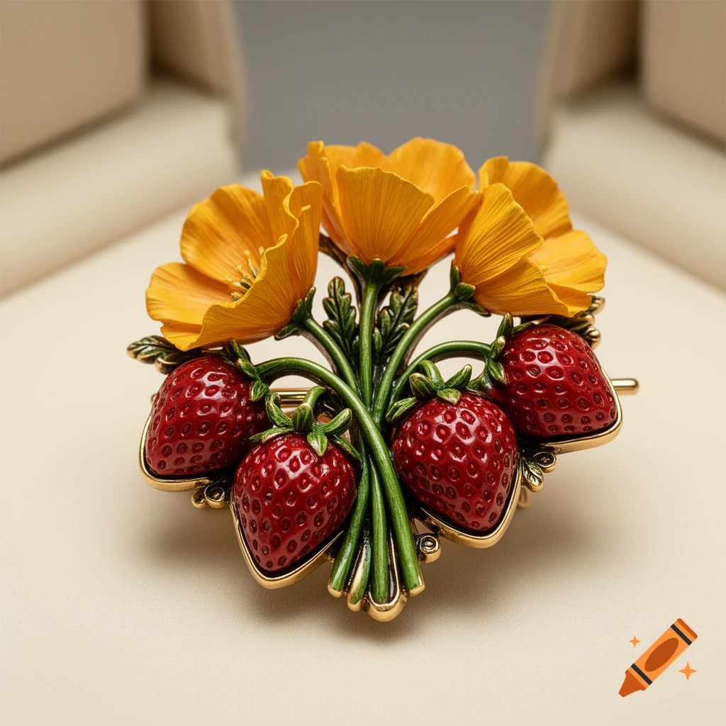 A decorative brooch featuring a bouquet of yellow poppy flowers and red strawberries with green stems.