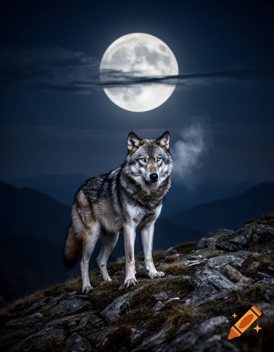 Photorealistic gray wolf standing on a rocky mountain ridge under a full moon at night.