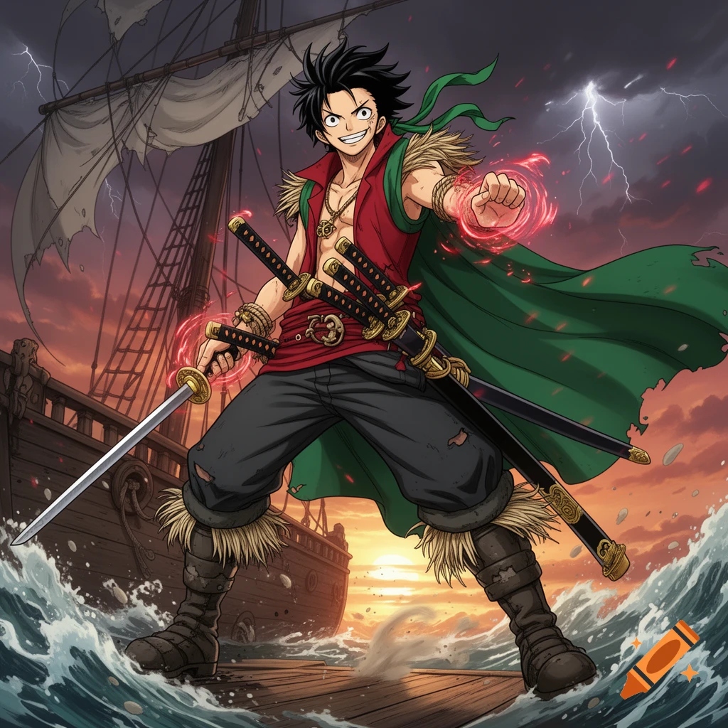 Anime illustration of a fusion character combining Zoro and Luffy from One Piece, standing on a ship deck with a stormy sky background.