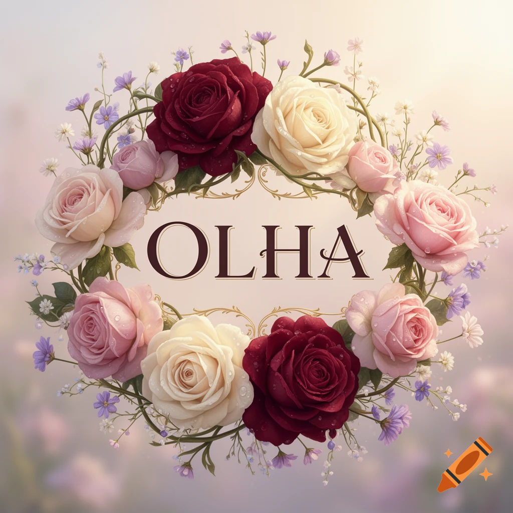 Circular frame of red, pink, and white roses with green leaves and purple filler flowers surrounding the name OLHA in capital serif letters.