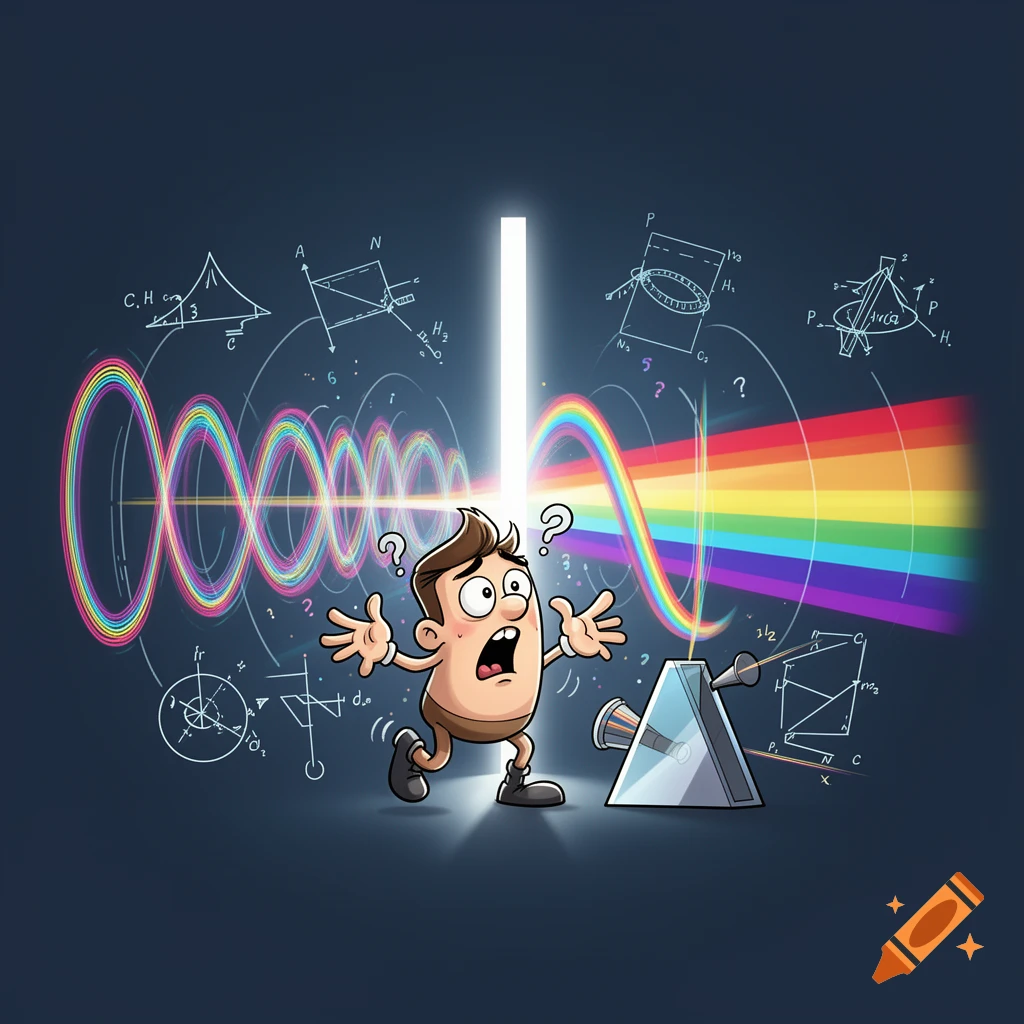 Cartoon illustration of a surprised man standing in front of light waves, a prism, and a rainbow, surrounded by scientific formulas.
