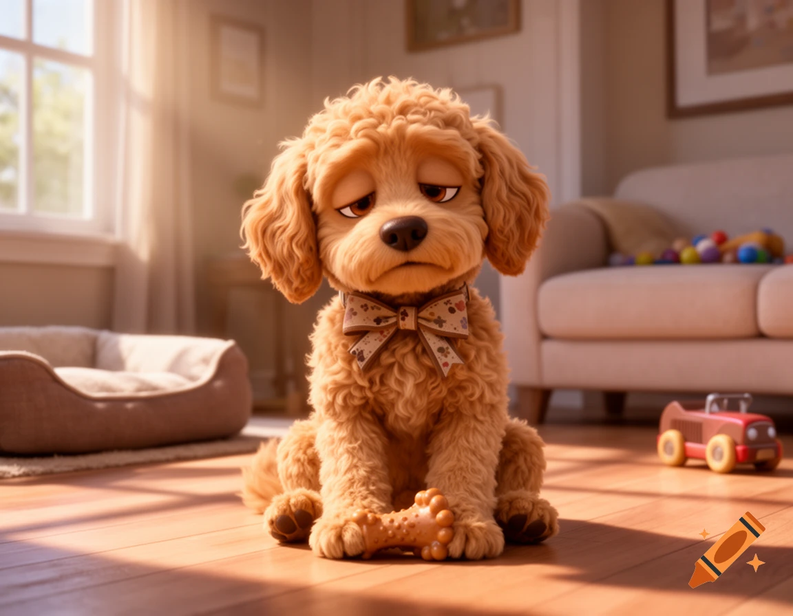 A Pixar-style 3D rendered golden brown Goldendoodle puppy with a bow tie sitting on a wooden floor in a sunlit living room.