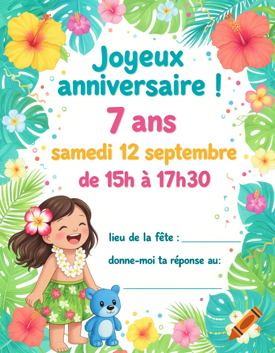 Colorful tropical birthday invitation illustration featuring a smiling hawaian girl and a blue teddy bear.