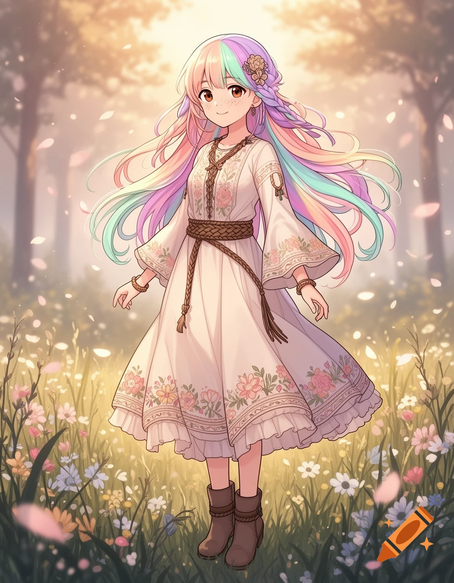 Anime style illustration of a young girl with pastel rainbow hair, brown eyes, and freckles, wearing a boho dress in a sunny meadow.