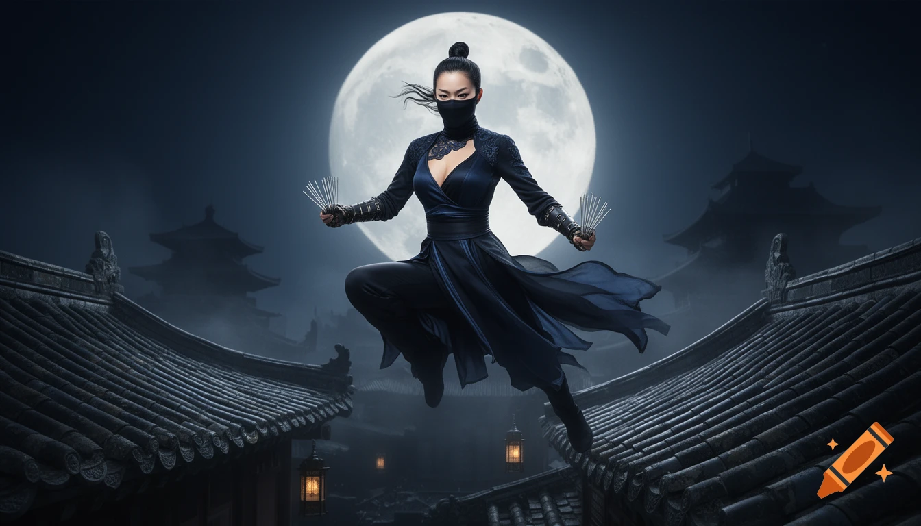 Photorealistic cinematic shot of a female assassin leaping across tiled rooftops in front of a full moon.