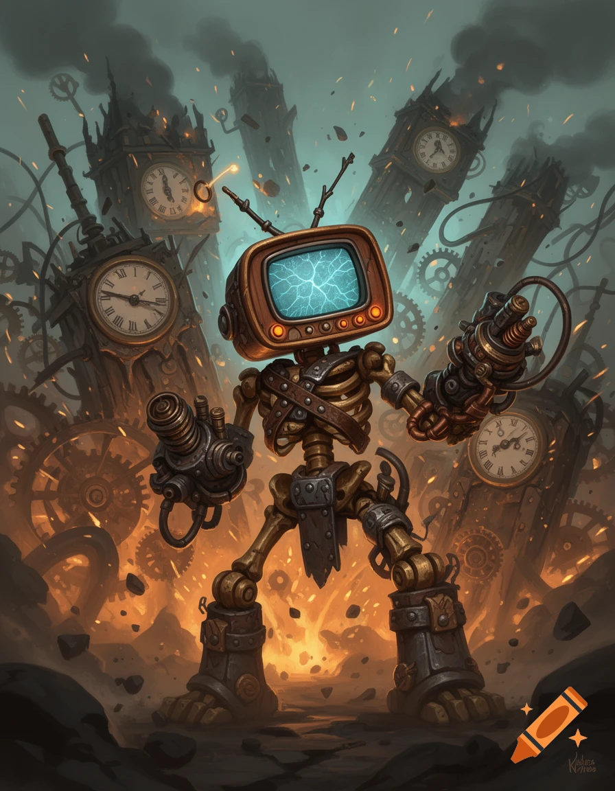 Steampunk robot with a retro television head and glowing blue screen standing amidst clockwork ruins, digital art.