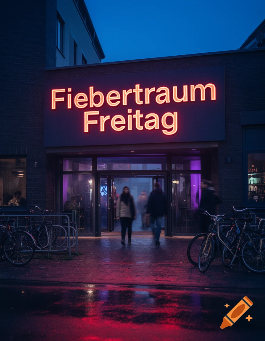 Photorealistic night scene of a building entrance with a glowing red neon sign reading 'Fiebertraum Freitag' and people walking inside.