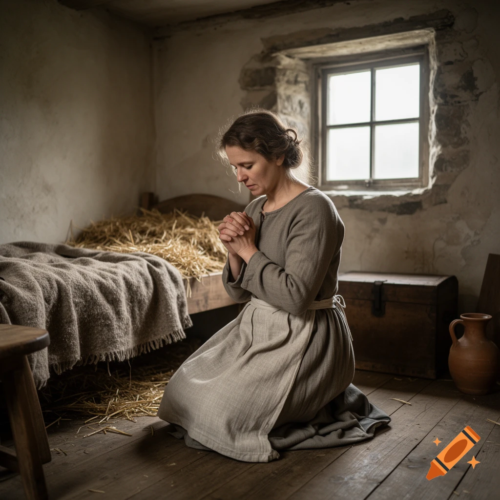 Photorealistic depiction of a medieval female servant kneeling and praying in a rustic room with a straw bed and small window.