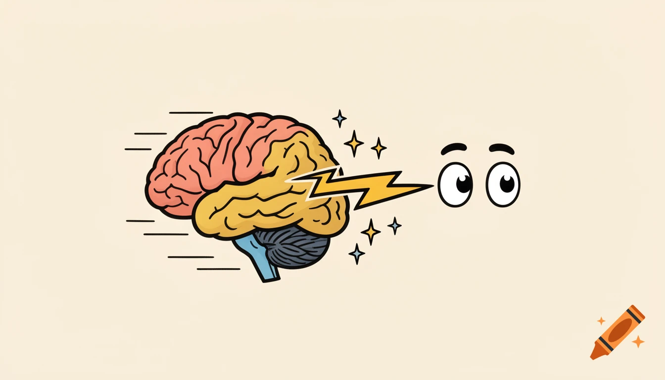 Minimalist cartoon illustration of a human brain connecting to cartoon eyes via a lightning bolt, on a beige background.
