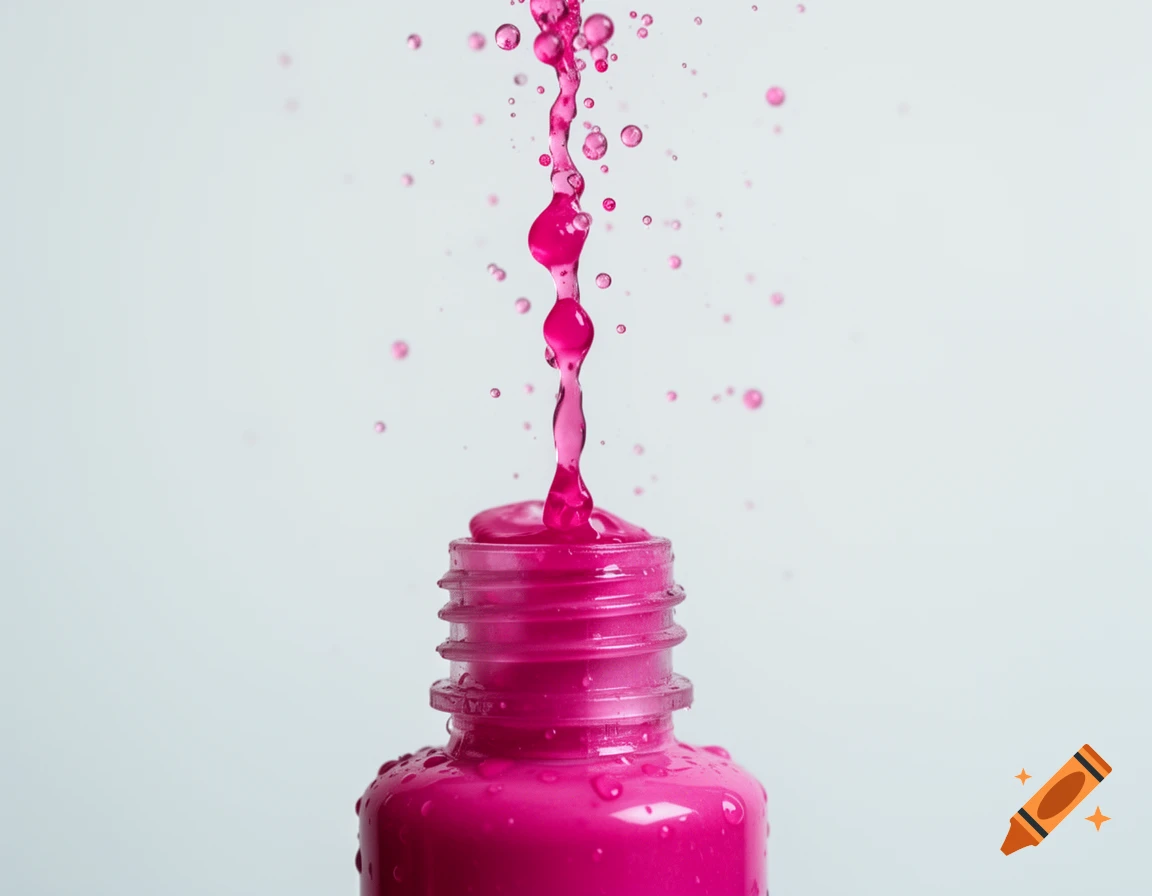 Macro photograph of bright pink liquid splashing from the opening of a matching pink bottle against a light background.