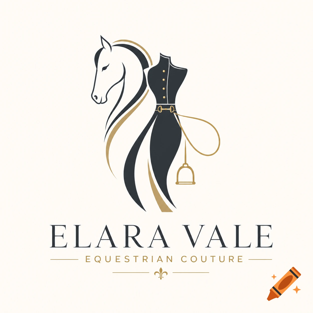 Minimalist logo combining a horse's head profile with a dressmaker's mannequin silhouette, with the text 'ELARA VALE EQUESTRIAN COUTURE'.