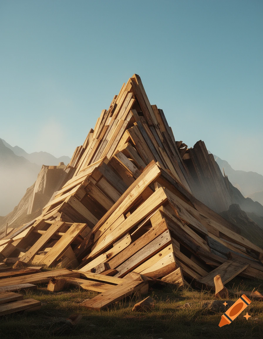 A photorealistic pyramid structure made entirely of wooden shipping pallets, standing in a misty mountainous landscape.