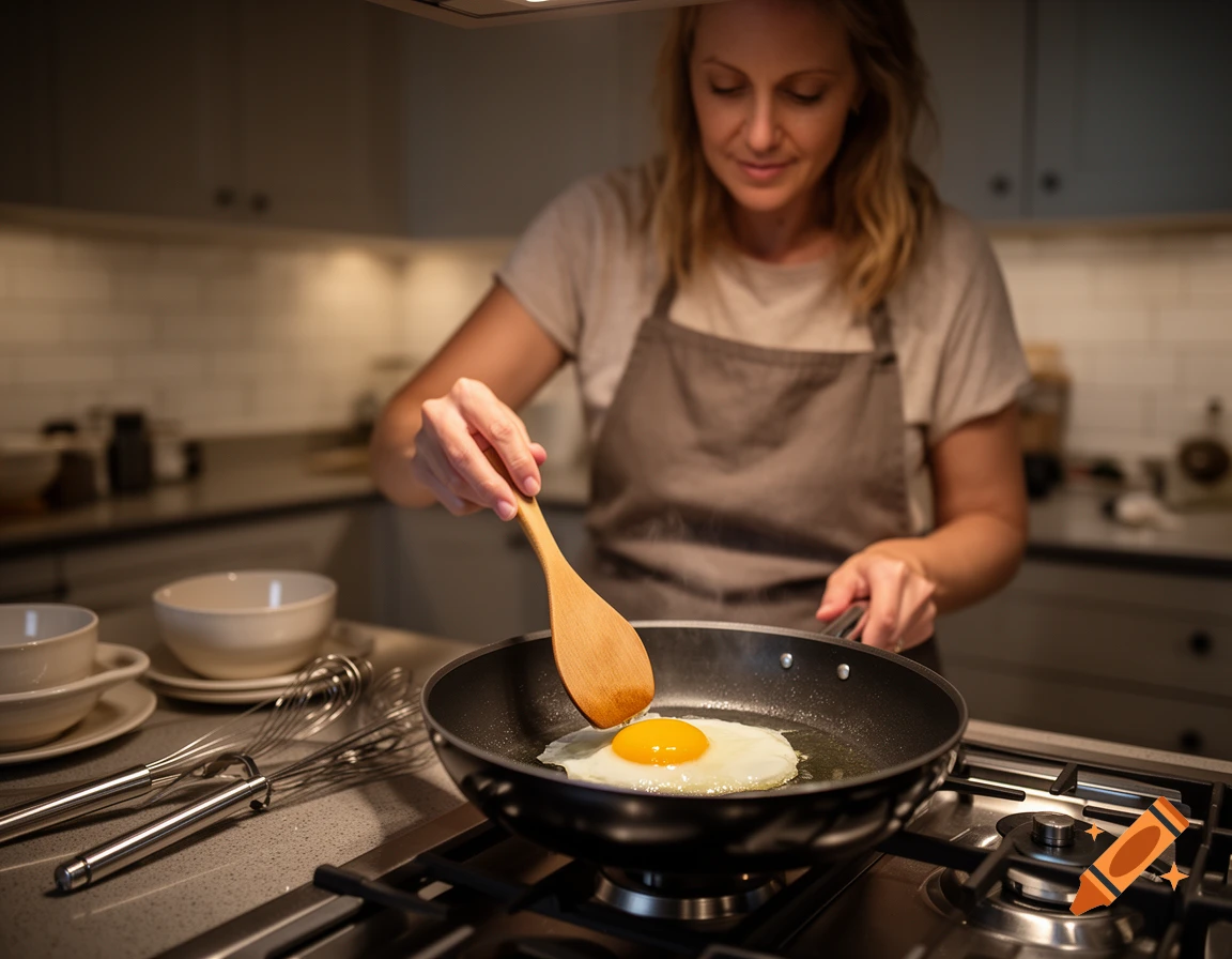 Photorealistic image of a woman in a kitchen frying an egg in a pan.