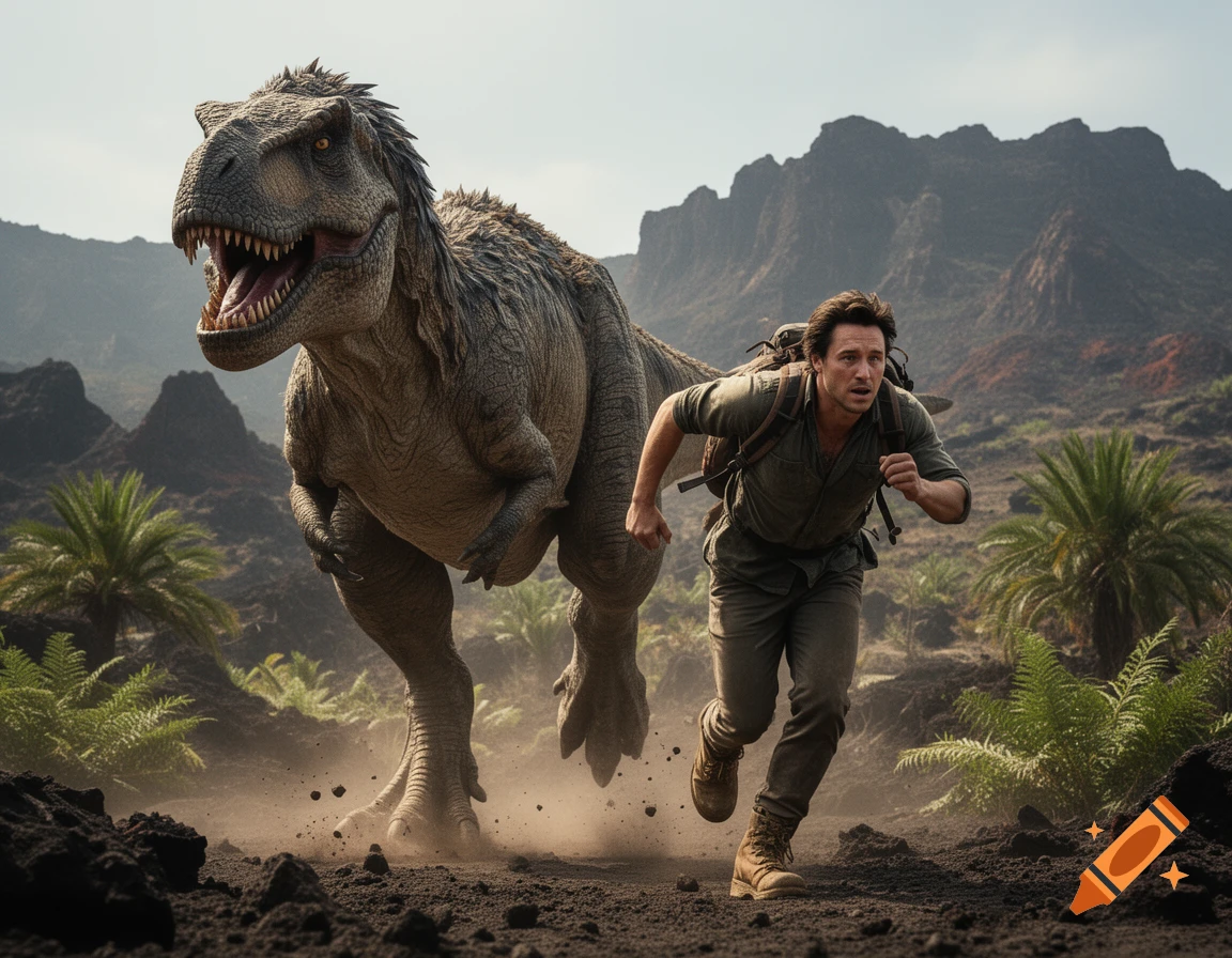 Photorealistic image of a man running away from a large carnivorous dinosaur in a rugged landscape.