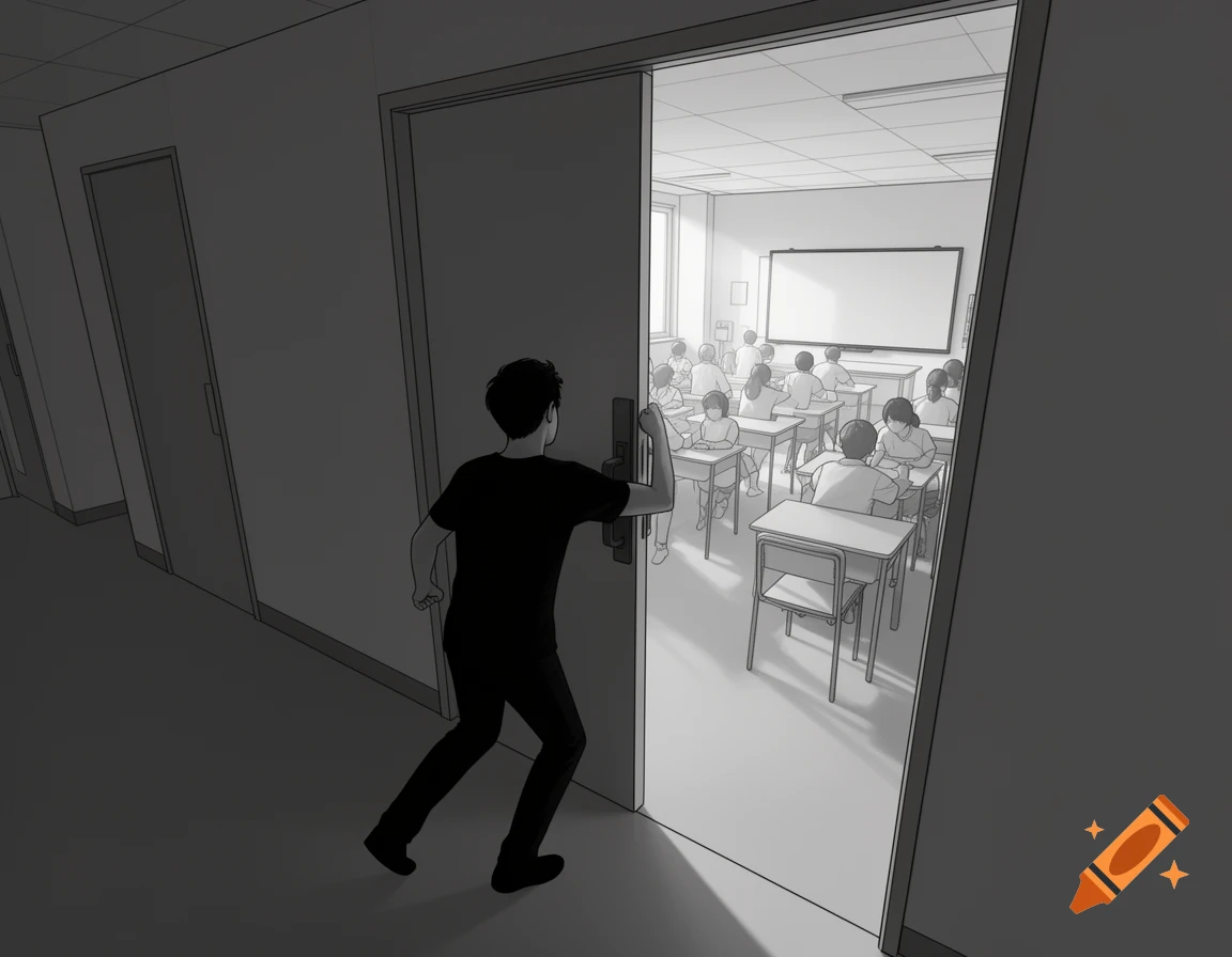 Black and white illustration of a young man pulling a classroom door shut, revealing students inside.