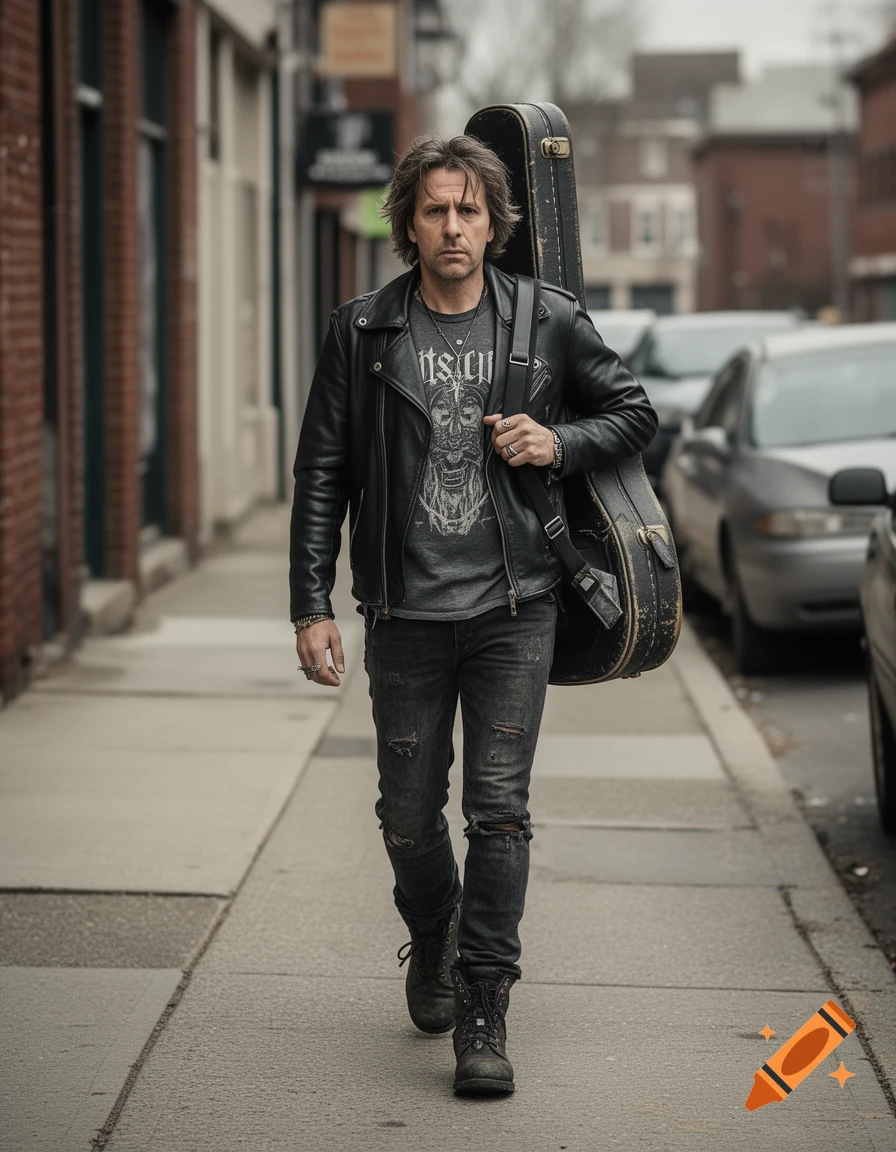 Photorealistic full-body shot of a middle-aged male musician with dark hair in a leather jacket and distressed jeans walking on a city sidewalk while carrying a guitar case.