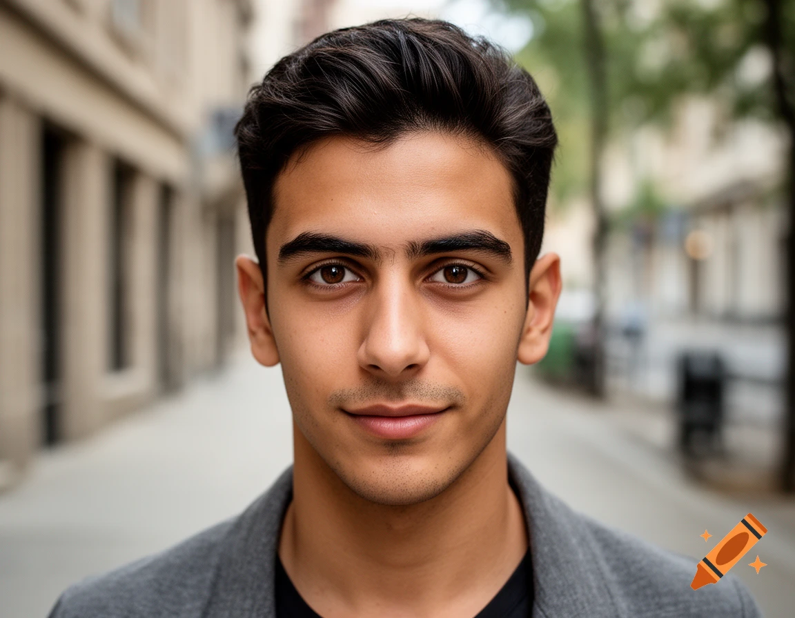 Photorealistic close-up portrait of a young man with dark hair and brown eyes, outdoors in an urban setting.