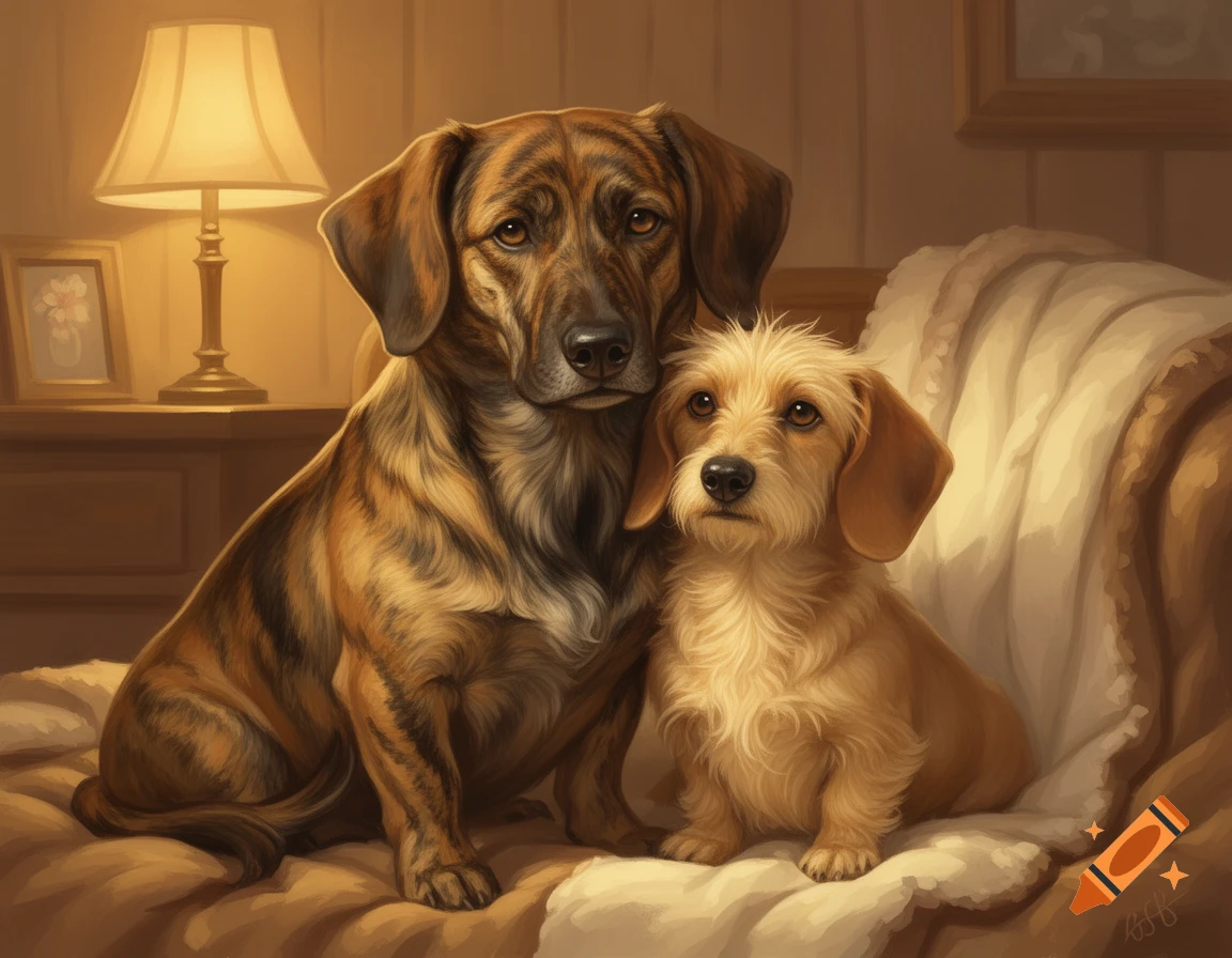 Digital drawing of two dogs sitting together on a couch next to a lit lamp, one large brindle dog and one small wire-haired dachshund.