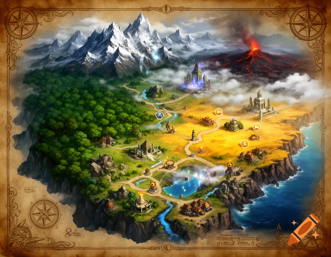 Digital fantasy world map featuring mountains, a volcano, forests, and medieval towns, in a stylized adventure game art style.