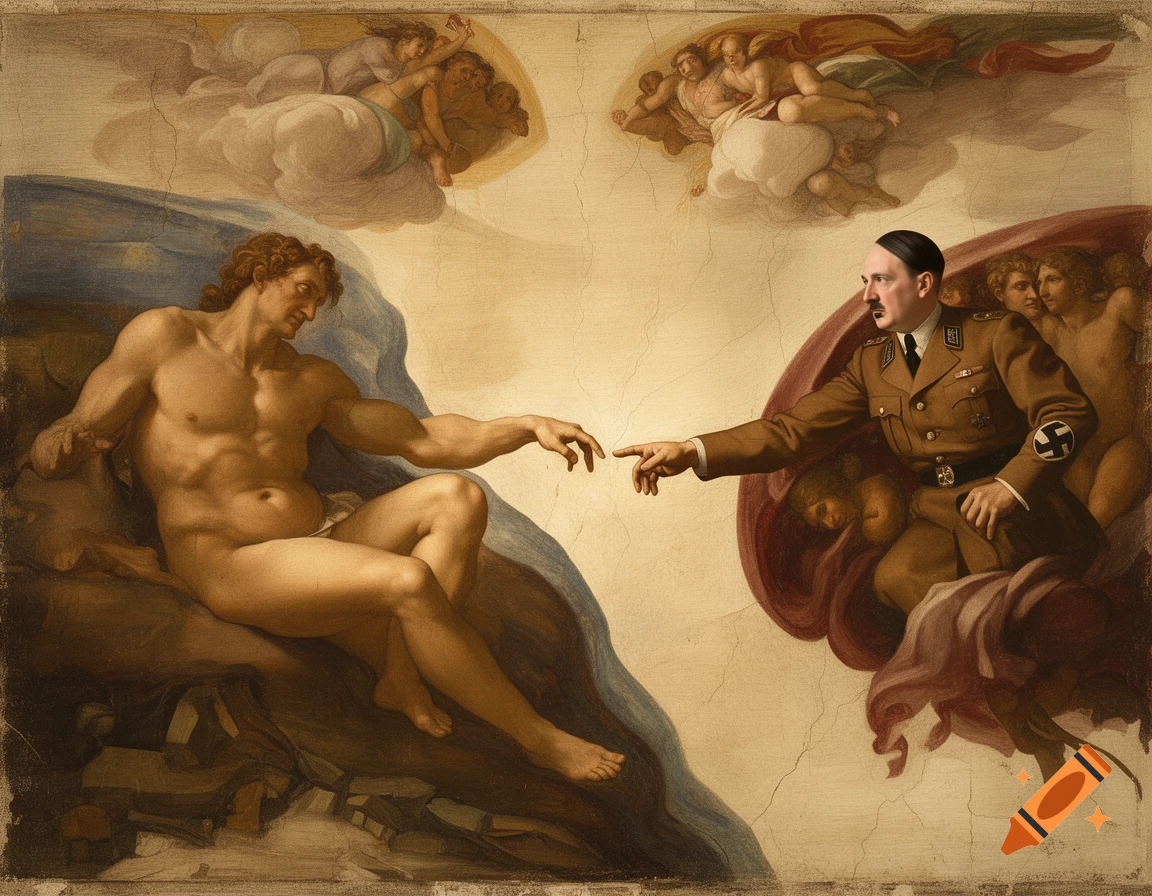 Parody of Michelangelo's The Creation of Adam with Adolf Hitler replacing God.
