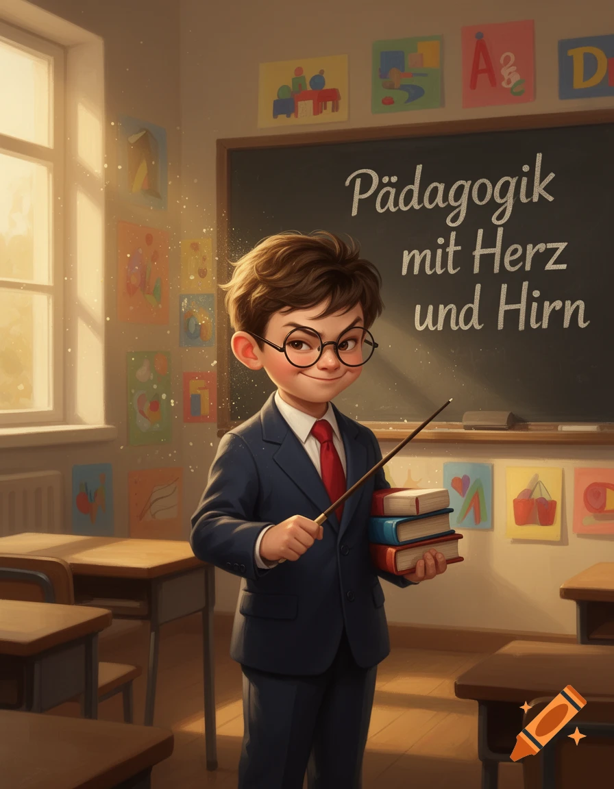 Digital illustration of a clever young child dressed in a suit and glasses holding a pointer stick and books in a classroom.