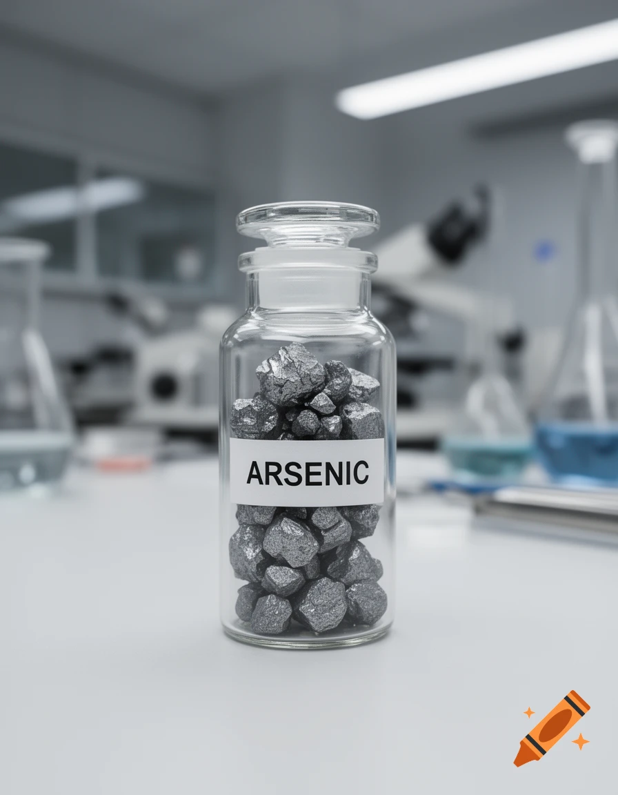 A glass jar labeled 'ARSENIC' filled with grey metallic lumps on a white lab table in a blurry laboratory.