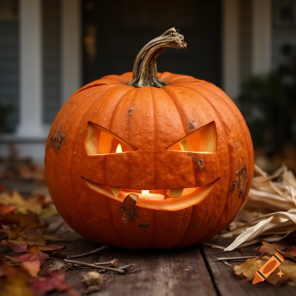 Photorealistic jack-o'-lantern with carved flirty lip-biting face, lit by a candle inside, sitting on a wooden porch with autumn leaves.