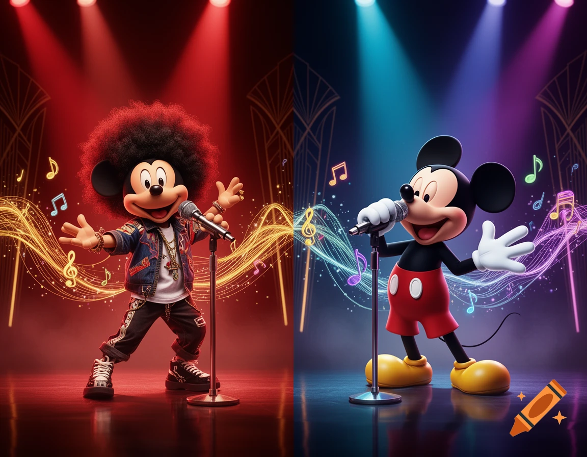 Two versions of Mickey Mouse singing into microphones on a stage with colorful lighting and musical notes.