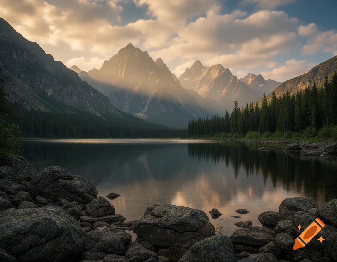 Photorealistic landscape of a calm mountain lake surrounded by evergreen trees and rocky shores under a cloudy sunset sky.
