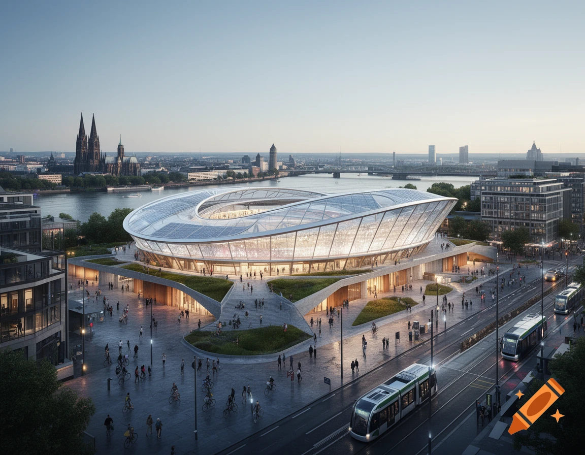 Photorealistic architectural rendering of a futuristic stadium plaza with a modern roof design, crowds of people, and trams.