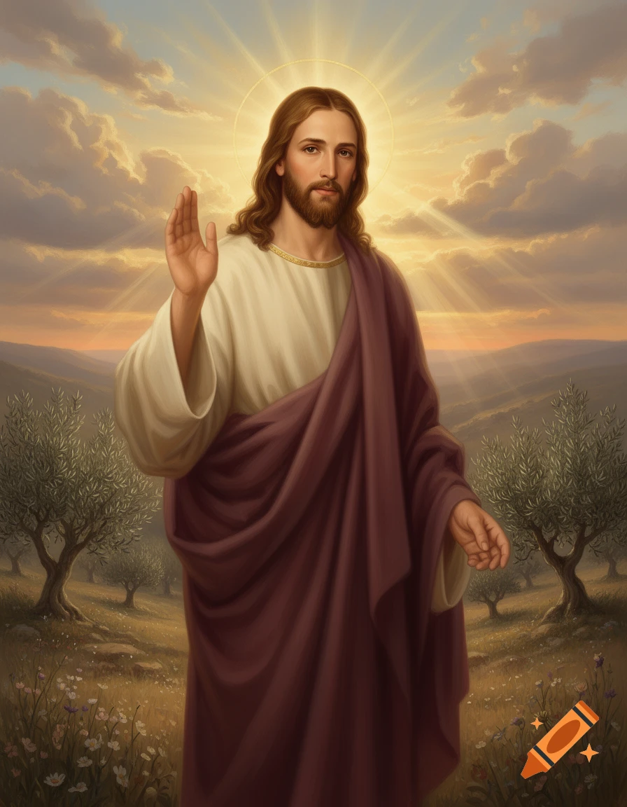 Portrait of Jesus with long brown hair, a beard, and a halo, wearing a white robe and purple cloak, raising his right hand in blessing in a hillside landscape with olive trees.